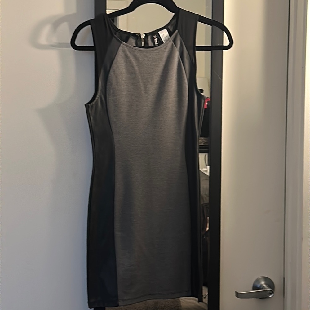 H&M Gray & Black Mini Dress with leather and mesh detail - size 4